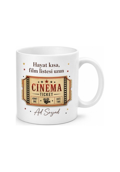 Sinema Bileti Temalı Baskılı Kupa Bardak Hediye Sinema Severler İçin Özel Tasarım Beyaz / Çok Renkli