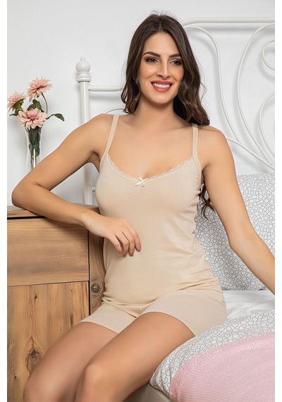 Myben Kadın Krem Renkli Dantel Detaylı Şortlu Ve Taytlı Pijama Takımı 3'lü Set 75014 Krem