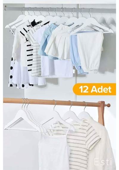 Esti 12 Adet - Ahşap Görünümlü Çocuk Ve Bebek Elbise ,kıyafet Askısı Beyaz Kahverengi