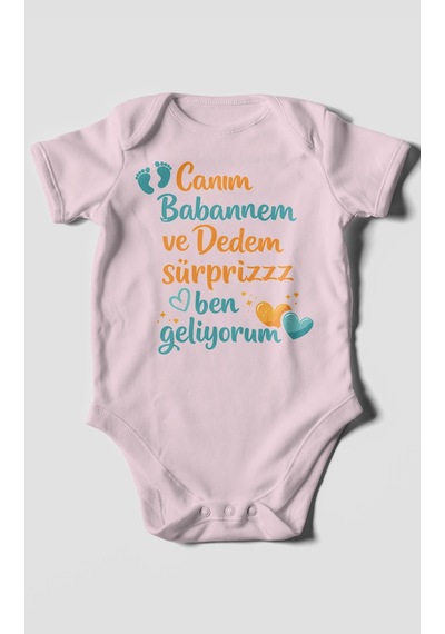 Morivokids Babaanneye Ve Dedeye Özel Kısa Kollu Bebek Body %100 Pamuk Bebe Pembe