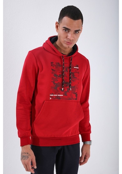 Tommy Life Kırmızı Kamuflaj Desen Baskılı Standart Kalıp Kapüşonlu Erkek Sweatshirt - 87884 Kırmızı
