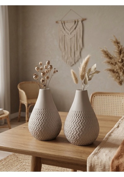 Kaveld Vela 2'li El Yapımı Mermer Tozu Vazo, Armut Form Minimalist Kuru Çiçek Vazоsu Tuval