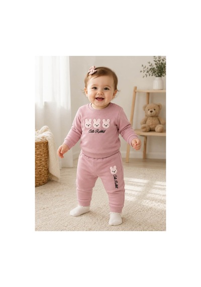 Haknur Cute Rabbit Baskılı Eşofman Takımı - Pudra Pembe