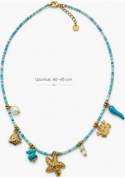 Turkuaz Boncuklu Deniz Temalı Yıldız Balığı Charm Kadın Kolye 40-45 Cm Renkli