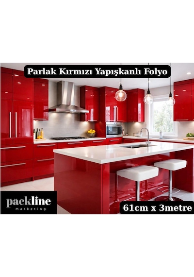 Parlak Kırmızı Yapışkanlı Folyo Mutfak Dolap Ve Mobilya Kaplama Folyosu 61cm X 3m 031 - Parlak Kırmızı