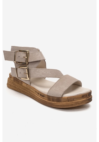 Luvishoes Lorentıs Bej Süet Hakiki Deri Çift Tokalı Kadın Sandalet
