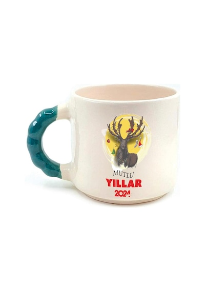 Mutlu Yıllar 2024 Geyik Baskılı Yılbaşı Hediyesi Yeşil Kulplu Boncuk Kupa