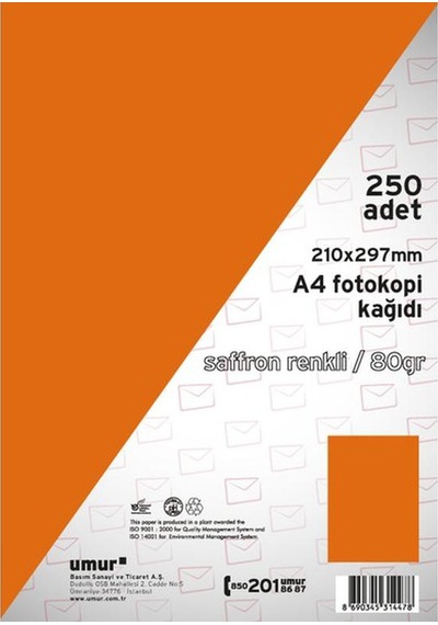 Umur A4 Renkli Fotokopi Kağıdı 80 G 250 Yaprak - Safran