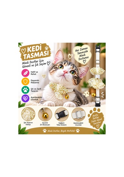 Kedi Tasması Krem Taşlı Çiçek Papyonlu Altın Zilli Ayarlanabilir Klipsli Kedi Boyun Tasması