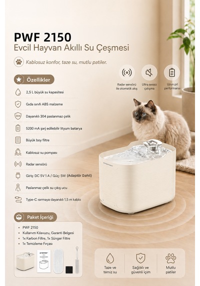 Pwf 2150 Akıllı Otomatik Sensörlü Kedi Köpek Paslanmaz Çelik Su Çeşmesi 2,5l - Petmate Flowsense - Krem