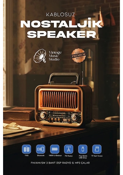 Ahşap Tasarım Retro Nostaljik Hoparlör Şarj Edilebilir Fm/am/sw Bluetooth Radyo