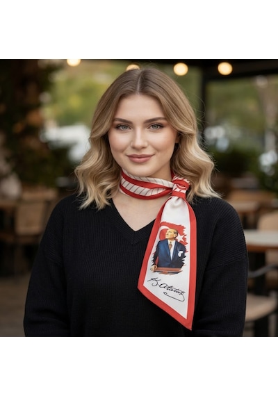 Mavi Masal Atatürk İmzalı Kırmızı Beyaz Kadın Fular Atatürk İmzalı Kadın Fular Kırmızı Beyaz Atatürk Portreli Fular