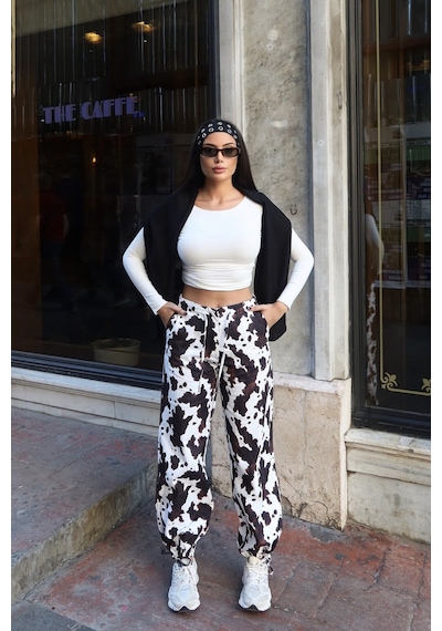 Kechi Woman Kadın Gabardin İnek Desenli Beli Lastikli Jogger Pantolon Kw3166