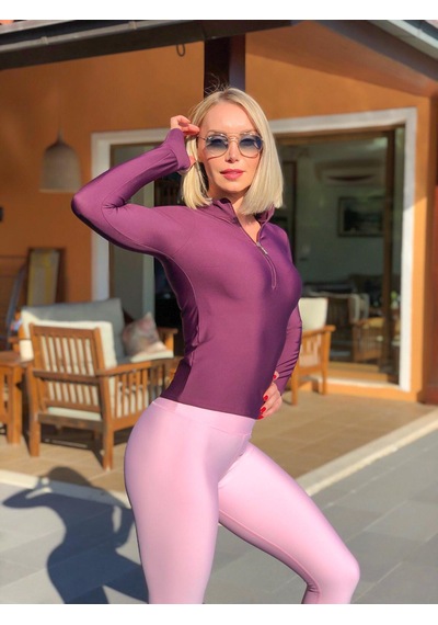 Lismina Mürdüm Rengi Parmağa Geçmeli Fermuarlı Uzun Kol Spor Bluz Mürdüm