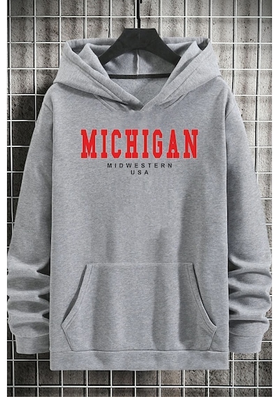 Uyguntarz Unisex Michigan Baskılı Sweatshirt Gri