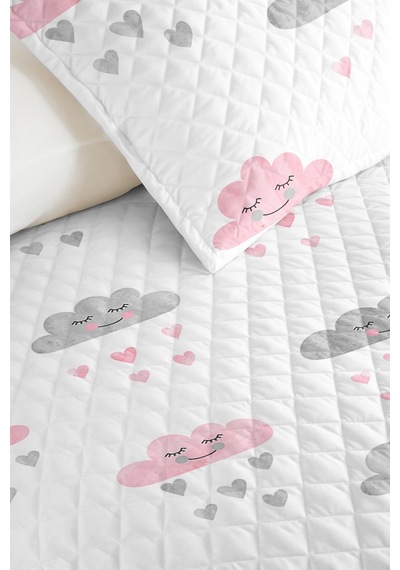 Evimde Bambaşka Pembe Bulut Kız Çocuk Pike Takımı - Sevimli Gri Kalp Bebek Odası Mevsimlik Yatak Örtüsü - 160x220  CM