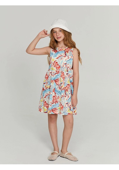 LC Waikiki Lcw Kids Bisiklet Yaka Kız Çocuk Elbise Ecru Prınted