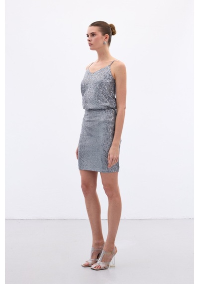 Sateen Payetli Mini Etek - Gri-136650 Gri