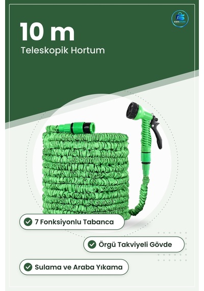 Uzayan Teleskopik Bahçe Hortumu 10 M 7 Fonksiyonlu Tetikli Tabanc
