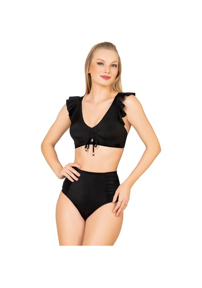 Endeep Kadın Fırfırlı İp Detaylı Yüksek Bel Bikini Takımı Siyah