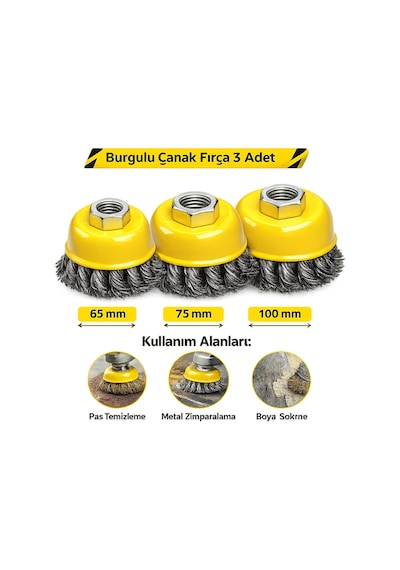 Burgulu Çanak Fırça 65mm 75mm 100mm 3'lü Set Yüzey Pas Temizleme Boya Sökme Fırçası