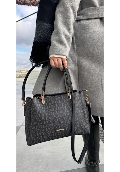 Just Polo Kadın Monogram Baskılı Orijinal El Ve Omuz Çantası Ayarlanabilir Askısıyla 2120mh Siyah