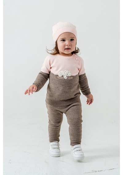 Babyhola Çocuk Teddy Bear Detay Kazak Pantolon Bere Triko Kışlık Takım 22113 Kahverengi