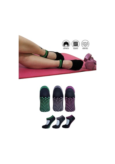 3 Çift Pamuklu Renkli Kaymaz Taban Silikon Baskılı Yoga Fitness Pilates Ve Aktivite Kadın Çorabı