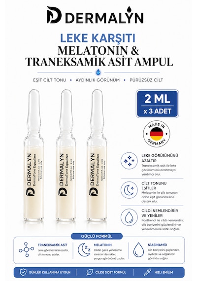 Dermalyn 3 Adet Leke Karşıtı Traneksamik Asit İçeren Cilt Aydınlatıcı Ampul Serum Dermaroller