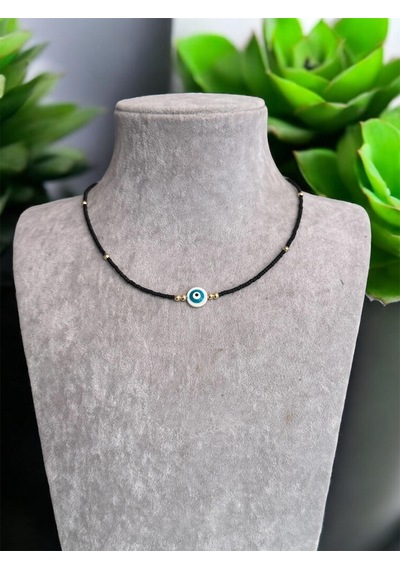Kırmızı Sanat Evi Siyah Mini Boncuklu Nazar Boncuğu Uçlu Bijuteri Kolye