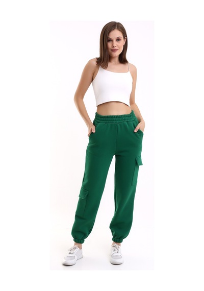 Winmoda34 Kadın Jogger Kalın 3 İplik Yandan Cepli Kargo Eşofman Altı Yeşil