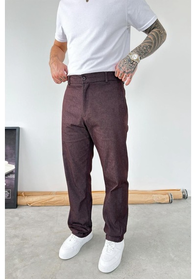 Kahverengi Premium Dokulu Baggy Kumaş Pantolon