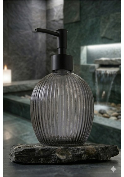 Çizgili Yuvarlak Siyah Pompalı Cam Sıvı Sabunluk - 500ml - 16x10x10 Cm Gri