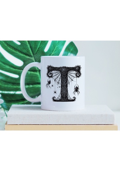 T Harfi Örümcek Ve Örümcek Ağları Tasarım Kupa Bardak - Spider Temalı Cadılar Bayramı Özel Hediye Beyaz