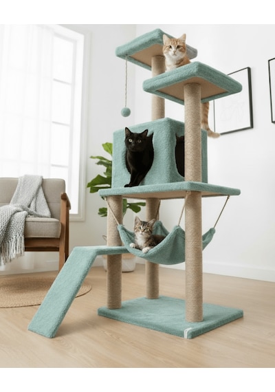 Reyo Pet S9 Kedi Tırmalama Kulesi Platformlu 124 Cm Turkuaz