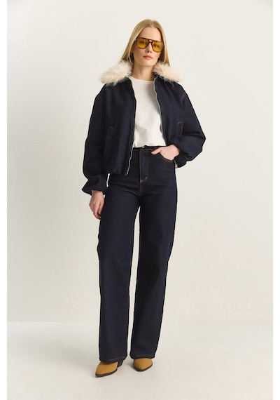Shade Kadın Seyyar Suni Kürk Yaka Astarlı Cep Detaylı Denim Bomber Ceket Pantolon Takım 6058 60283898 - Lacivert