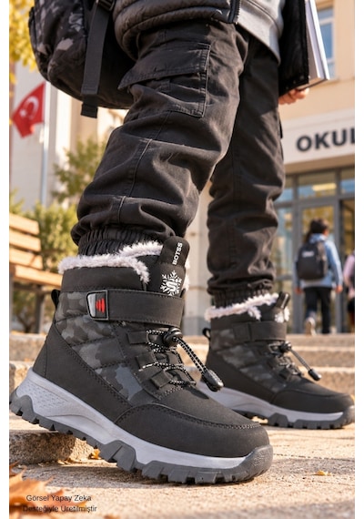 Muggo Tundy İçi Kürklü Cırtlı Ve Bağcıklı Unisex Çocuk Kar Botu Siyah