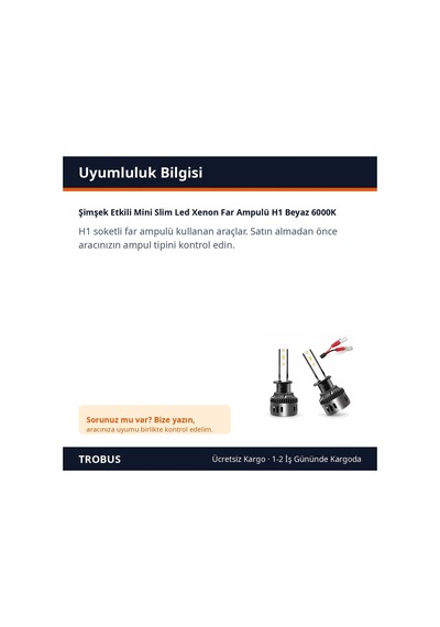 Trobus Şimşek Etkili Mini Slim Led Xenon Far Ampulü H1 Beyaz 6000k