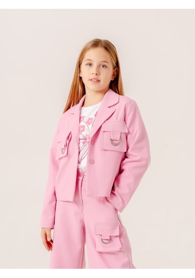 Giyicem Kız Çocuk D Tokalı Ceket T-shirt İkili Takım 1903 Pembe