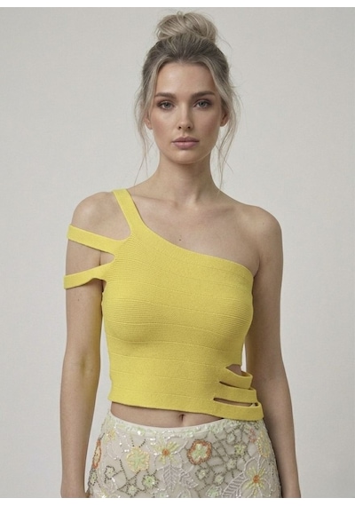 Neden Tekstil Asimetrik Tek Omuz Triko Crop Bluz - Sarı