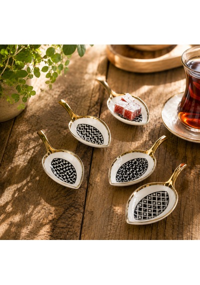 Dekoratif 6'lı Porselen Kahve Yanı Lokumluk Seti Gold Kenarlı Lokum Ve Çikolata Sunumluğu 19 X 8 Cm