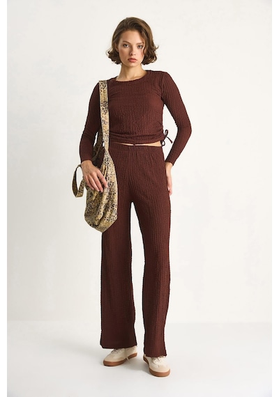 Shade Kadın Yanları Bağlamalı Crop Beli Lastikli Yüksek Bel Pantolonlu Bürümcük Takım 8075 60284110 - Kahve