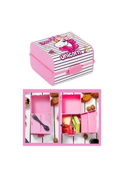 Flosoft Unicorn Matara Ve Beslenme Kutusu, Desenli 3 Bölmeli Okul Beslenme Kabı Ve Suluğu 2 Li Set