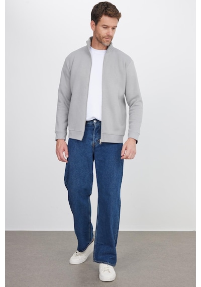 Tudors Unisex Relax Fit Rahat Kesim Pamuklu 3 İplik İçi Polarlı Fermuarlı Cepli Gri Sweatshirt Hırka-41680 Gri