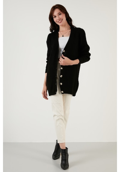 Lela Regular Fit V Yaka Düğmeli Triko Örme Uzun Bayan Hırka 4615044 Siyah