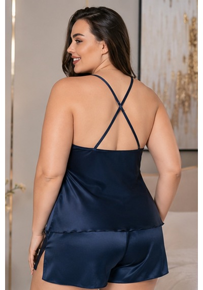 Loule Büyük Beden Lacivert Tül Dantelli Saten Şortlu Pijama