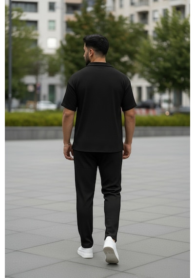Fifty Color Unisex Trend Bürümcük Krinkıl Kumaş Yazlık Likralı Kısa Kol Gömlek Ve Eşofman Takım Siyah