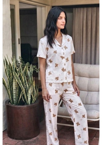Viskon Karışım Homewear Kırık Beyaz Pijama Takımı