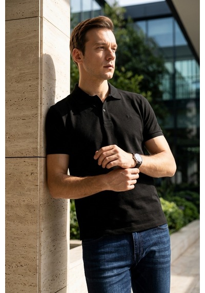 Süvari Slim Fit Düz Baskısız Pike Düğmeli Polo Yaka Nefes Alabilen T-shirt Siyah
