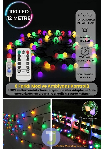 Technojet 100 Top Ledli Usbli Kumandalı 8 Modlu Led Işık Parti Süsleme Organizasyon 12 Metre